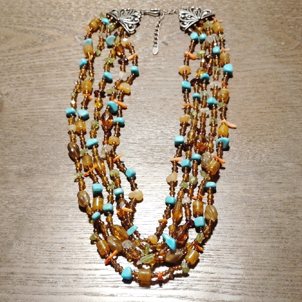 Monet Semi Precious Stones And Glass 5 Strand Adjustable Necklace